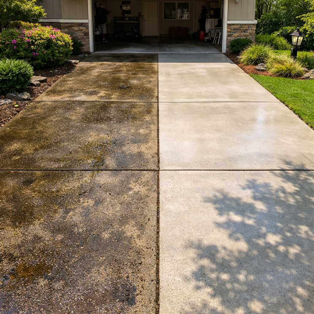 Driveway after pressure washing restored concrete