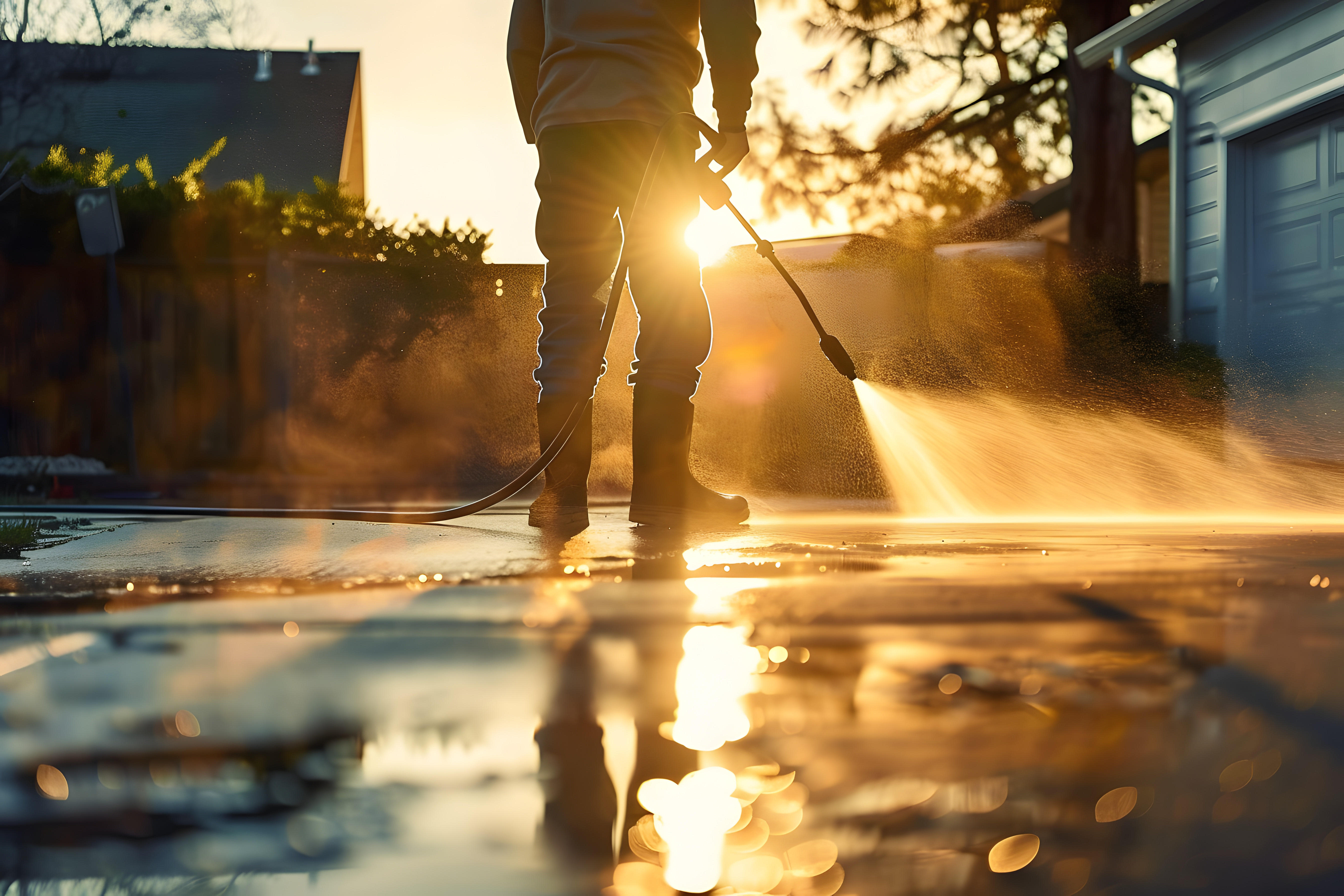 Crew spraying a surface at sunrise